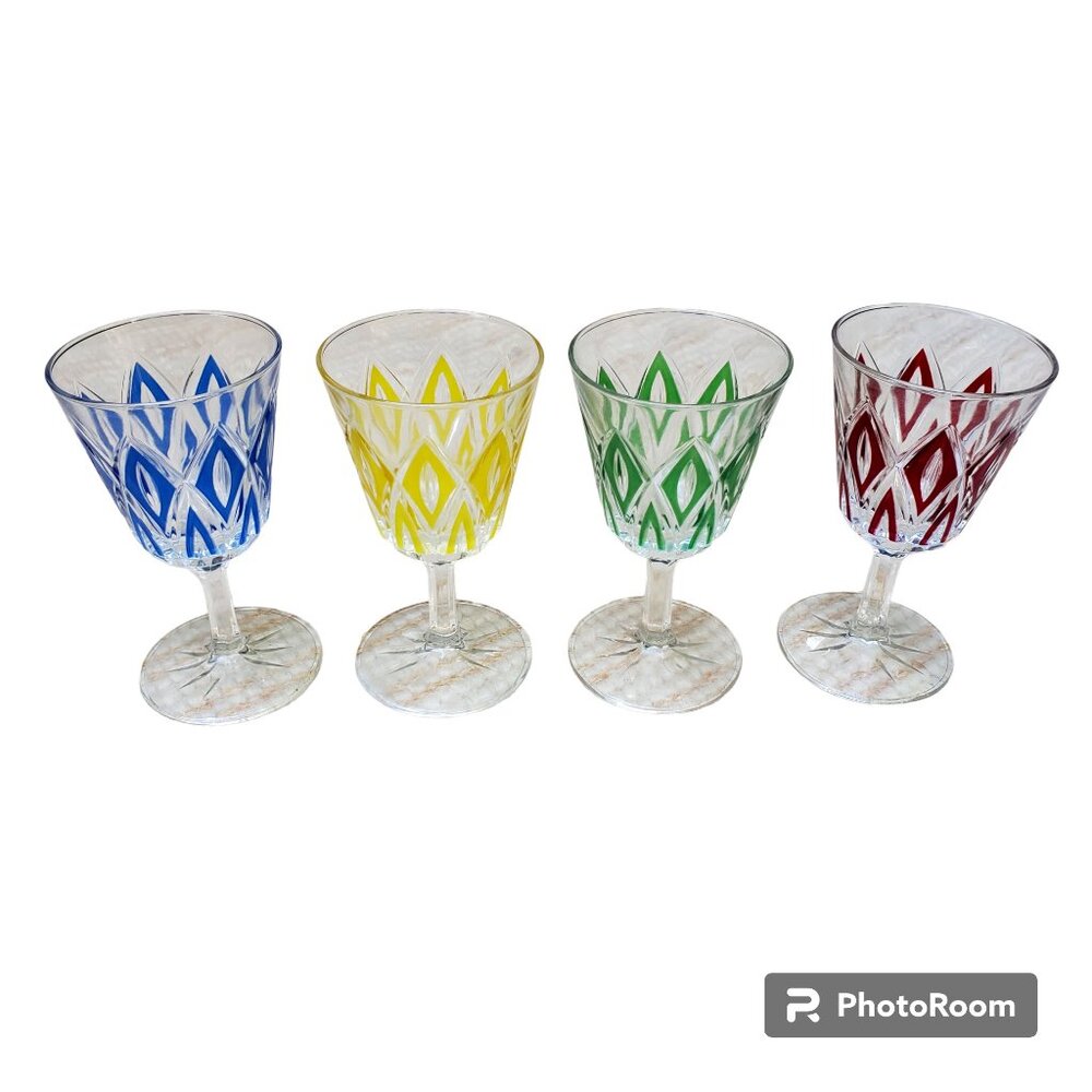 Vintage set of footed aperitif glasses w/coloured glass panels